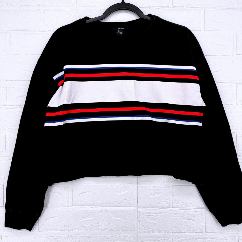 Forever 21 Sweatshirt Women Large Black Striped Long Sleeve Cropped Pullover